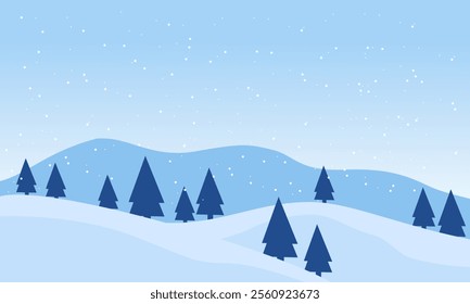 Winter landscape in flat design.Winter snowy landscape card design. Mountains with pine tree forest. Vector