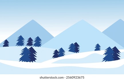 Winter landscape in flat design.Winter snowy landscape card design. Mountains with pine tree forest. Vector