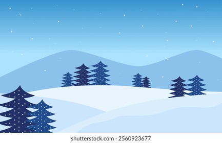 Winter landscape in flat design.Winter snowy landscape card design. Mountains with pine tree forest. Vector