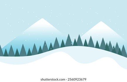 Winter landscape in flat design.Winter snowy landscape card design. Mountains with pine tree forest. Vector