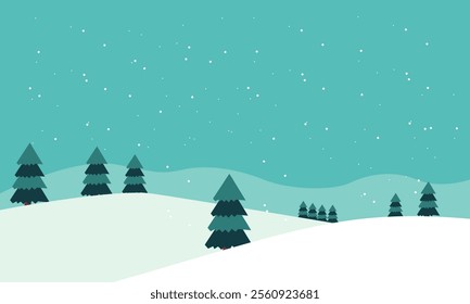 Winter landscape in flat design.Winter snowy landscape card design. Mountains with pine tree forest. Vector