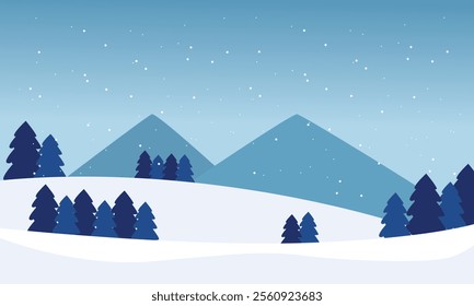 Winter landscape in flat design.Winter snowy landscape card design. Mountains with pine tree forest. Vector