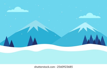 Winter landscape in flat design.Winter snowy landscape card design. Mountains with pine tree forest. Vector