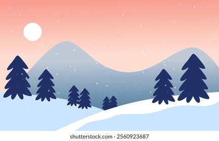 Winter landscape in flat design.Winter snowy landscape card design. Mountains with pine tree forest. Vector