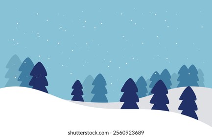 Winter landscape in flat design.Winter snowy landscape card design. Mountains with pine tree forest. Vector