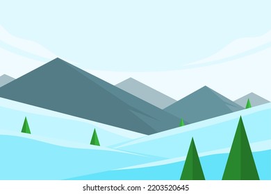 winter landscape flat illustration with pine trees and rock mountains