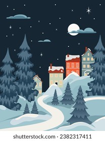 Winter landscape in flat style. The Christmas landscape. Vector illustration.