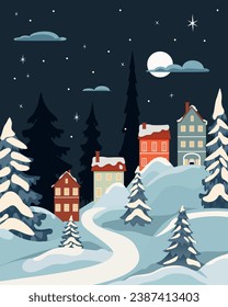 Winter landscape in flat style. The Christmas landscape. Vector illustration.
