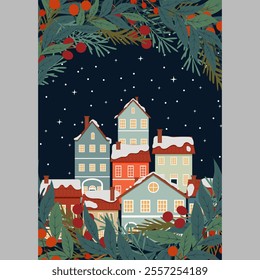 Winter landscape in flat style. The Christmas landscape. Vector illustration.
