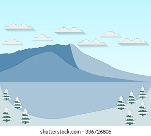 Winter landscape with a flat style. Clouds over the mountain peaks. Snow-covered trees. Vector illustration.