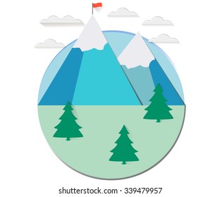 Winter landscape with a flat style. Clouds over the mountain peaks. Spruce. The flag on top. The long shadow. Vector illustration.