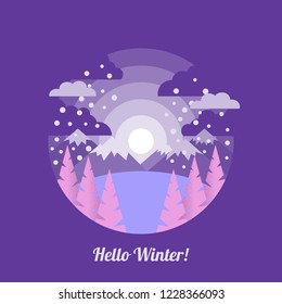 Winter landscape in flat style and inscription "Hello winter". Vector illustration for greeting cards, posters and much more.