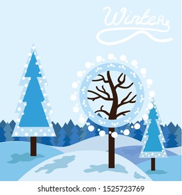 Winter landscape in flat style. Trees in the snow. Vector illustration