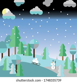 winter landscape in flat style, trees, Christmas trees, snowmen, hares, sledges