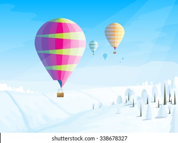 Winter landscape with flying balloons in the sky. Colorful illustration lanscape with romantic atmosphere. 