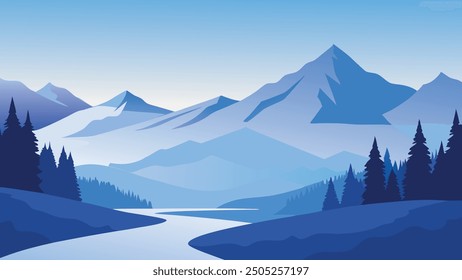 Winter landscape with fog, Nature background flat vector illustration