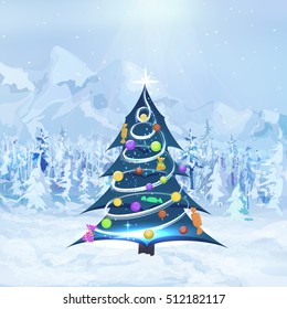 Winter landscape with forest, christmas tree  and mountains. Light blue background for christmas and new year. Vector abstract backdrop for holiday or celebration in white shades