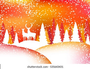 winter landscape with forest and deer. Snow winter background