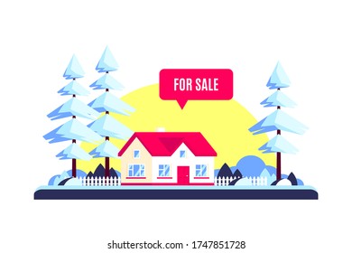 Winter landscape with forest family home, trees, sun and for sale sign. Real estate concept. Vector illustration in flat design style