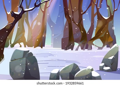 Winter landscape of forest glade with snow and bare trees. Scene of jungle, garden or natural park at snowy weather. Vector cartoon illustration of woods with stones and tree trunks