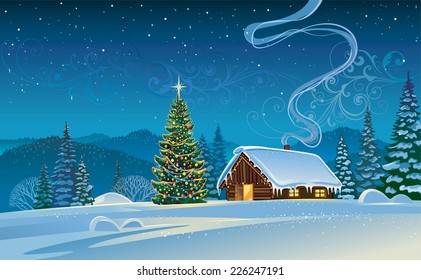 Winter landscape with forest hut and Christmas tree.