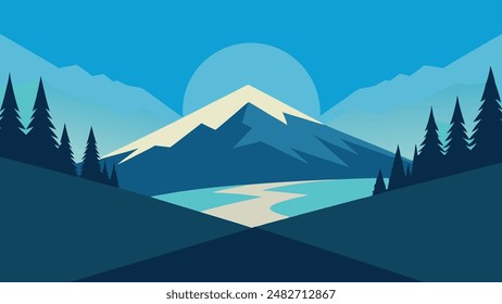 Paisaje invernal en el bosque. Ilustración vectorial plana estilo retro