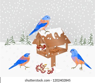 Winter landscape forest with snow and bluebirds with feeder christmas theme natural background vintage vector illustration editable hand draw place for text