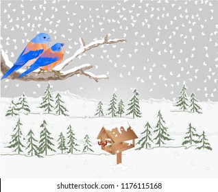 Winter landscape forest with snow with a branch of a tree and bluebird with feeder christmas theme natural background vintage vector illustration editable hand draw place for text
