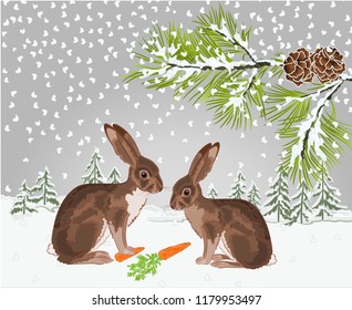 Winter landscape forest with snow with a branch of a tree and hares christmas theme natural background vintage vector illustration editable hand draw place for text