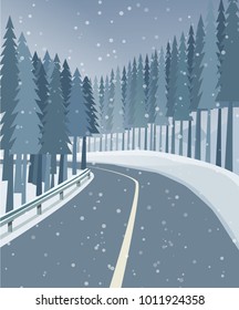 Winter landscape with forest, snow and road, vector design