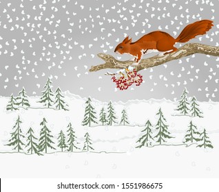 Winter landscape forest with snow and squirrel on an old tree natural rodent christmas theme natural background vintage vector illustration editable hand draw
