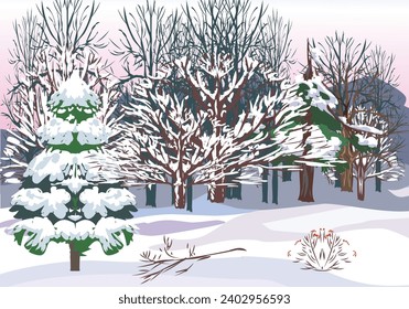 winter landscape in forest with snow and tree vector illustration