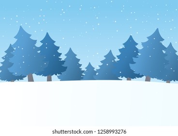 Winter landscape with forest and snowfall. Cartoon Christmas trees in a snow. Holiday season background. Vector illustration. Winter scene for New Year banners, cards, posters.