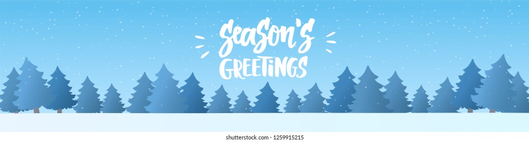 Winter landscape with forest and snowfall. Cartoon Christmas trees in a snow. Holiday season background. Vector illustration. Season's greetings banner. 