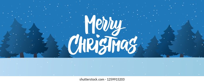 Winter landscape with forest and snowfall at night. Cartoon Christmas trees in a snow. Holiday season background. Vector illustration. Banner with Merry Christmas text.