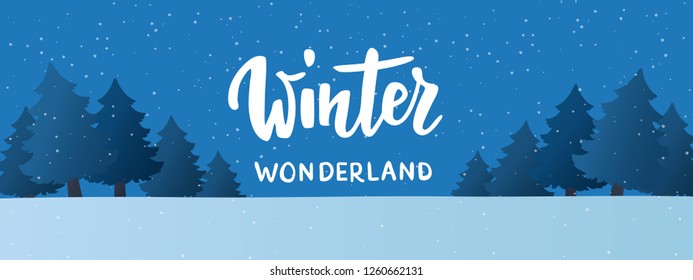 Winter landscape with forest and snowfall at night. Cartoon Christmas trees in a snow. Holiday season background. Vector illustration. Banner with Winter wonderland text.