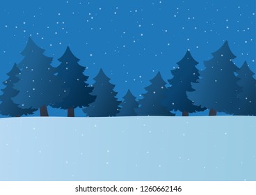 Winter landscape with forest and snowfall at night. Cartoon Christmas trees in a snow. Holiday season background. Vector illustration. Winter scene for New Year banners, cards, posters.