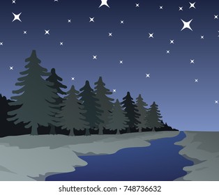 Winter landscape with forest of spruces, river and night sky with stars. Vector illustration.