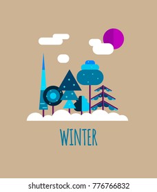 Winter landscape with forest in style of flat. Spruce, trees, clouds, snow. Vector illustration
