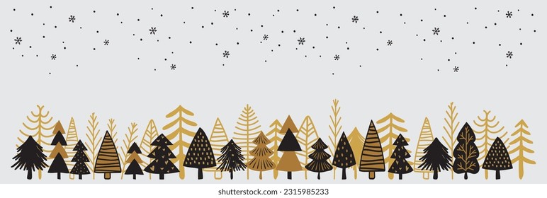 Winter landscape with forest trees in black and gold hand drawn. Christmas concept. Vector illustration