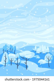 Winter landscape with forest, trees and bushes.