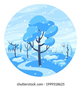 Paisaje invernal con bosque, árboles y arbustos.