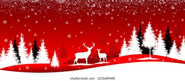 Winter landscape. Forest in winter. Trees, deer, snowflakes on a red background. Winter red banner. 
