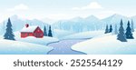 Winter landscape of forests, mountains and house. Beautiful snowy day, snowdrifts, mountains, snow-covered trees, amazing clouds, red farmhouse. Vector illustration for Christmas.