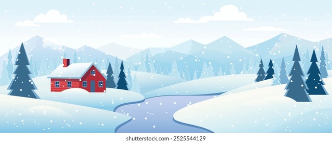 Paisaje invernal de bosques, montañas y casa. Hermoso día nevado, ventisqueros, montañas, árboles cubiertos de nieve, nubes increíbles, casa de campo roja. Ilustración vectorial de Navidades.