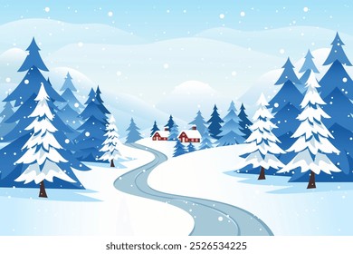 Winter landscape of forests, mountains, roads and beautiful houses in snowy weather. Beautiful snowy day, snowdrifts, mountains, snow-covered trees, amazing clouds, red houses and road.