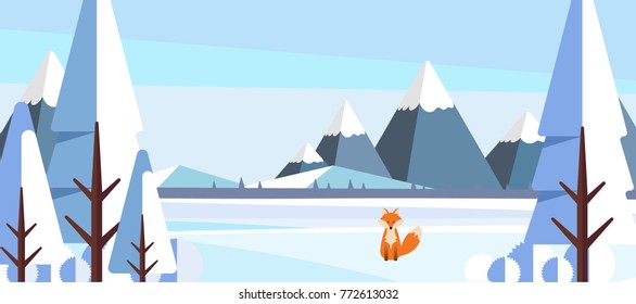 Winter Landscape with Fox in Flat Style Illustartion