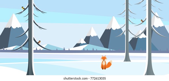 Winter Landscape with Fox in Flat Style Illustartion