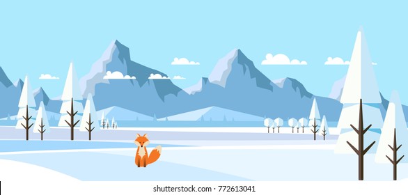 Winter Landscape with Fox in Flat Style Illustartion