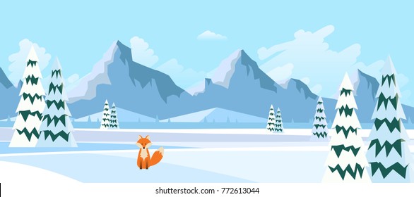 Winter Landscape with Fox in Flat Style Illustartion